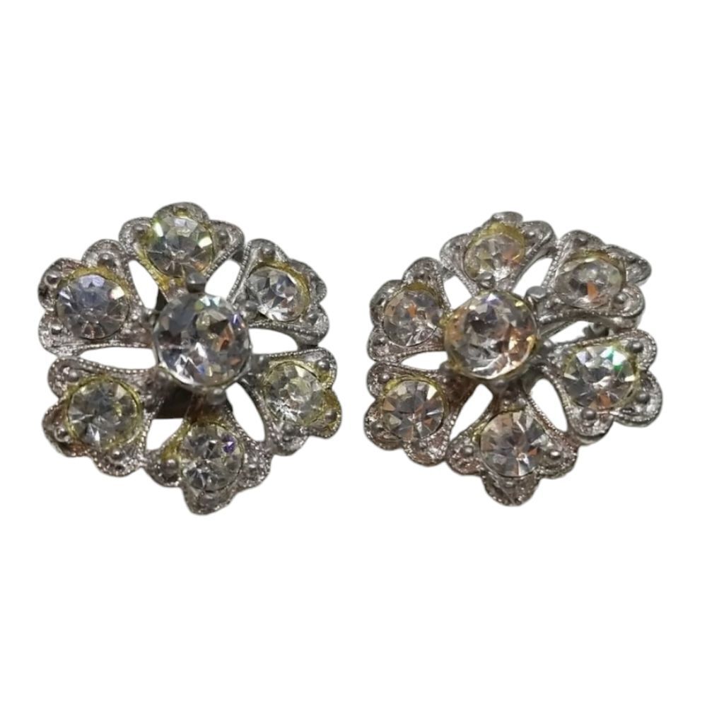 Bogoff Clip Earrings Rhinestone Flowers Petals Vintage